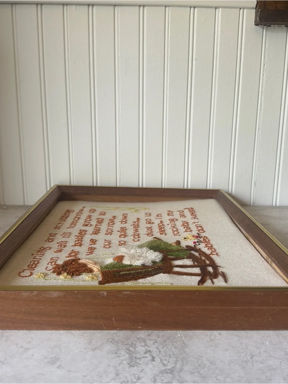 Vintage Sunset Designs Babies Don't Keep Crewel Embroidery Handmade Frame 12x15